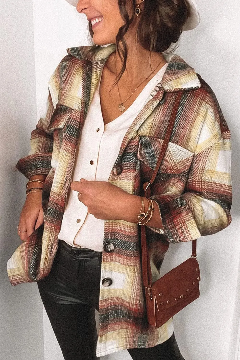 Women's 2023 Fall Clothes Plaid Shacket Jacket Long Sleeve Button Down Flannel Shirts Fashion Blouse