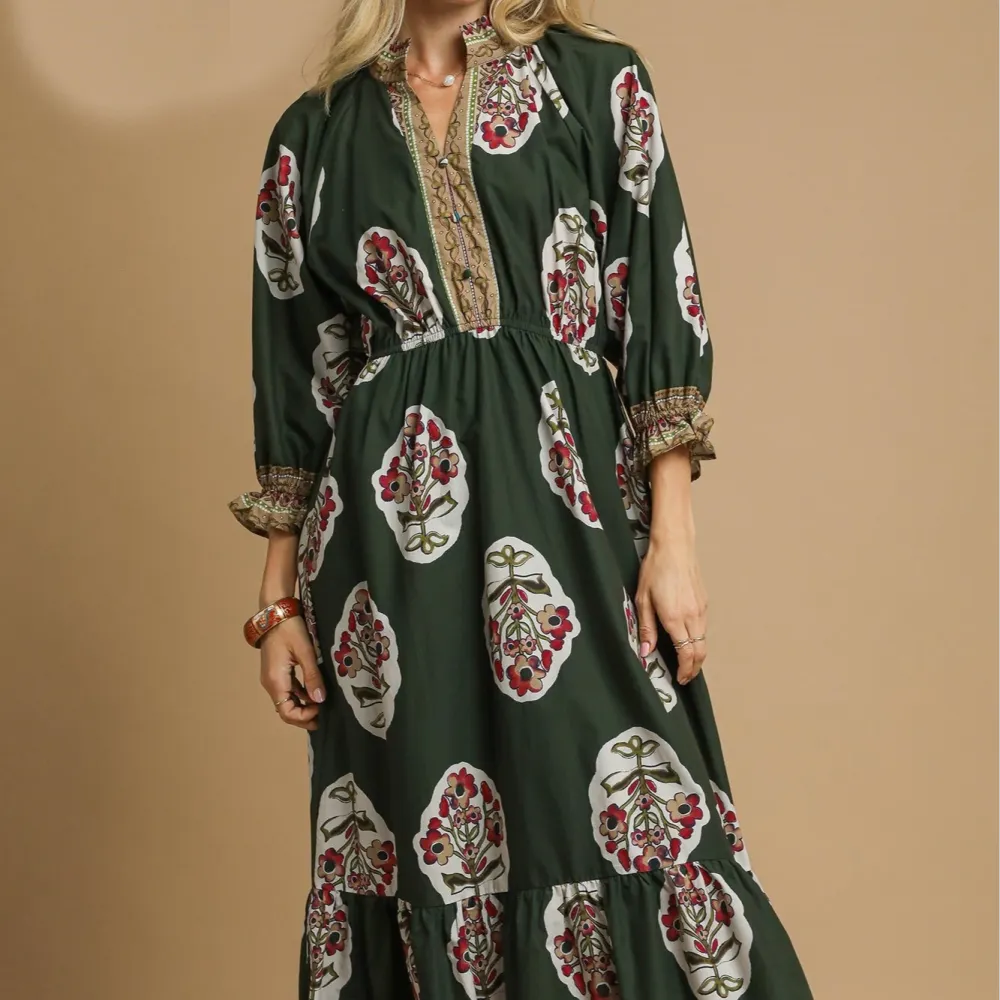 Classic Floral Ruffle Detail Balloon Sleeve Dress