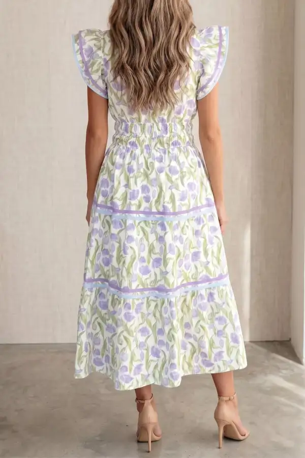 Print Contrast Trim Midi Dress