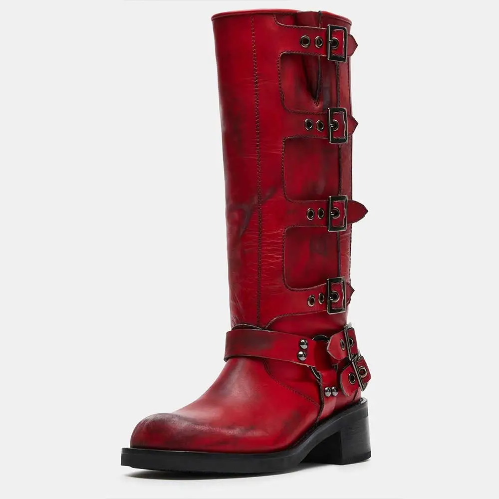 Faux-Leather Distressed Buckle-Detail Round-Toe Knee-High Boots
