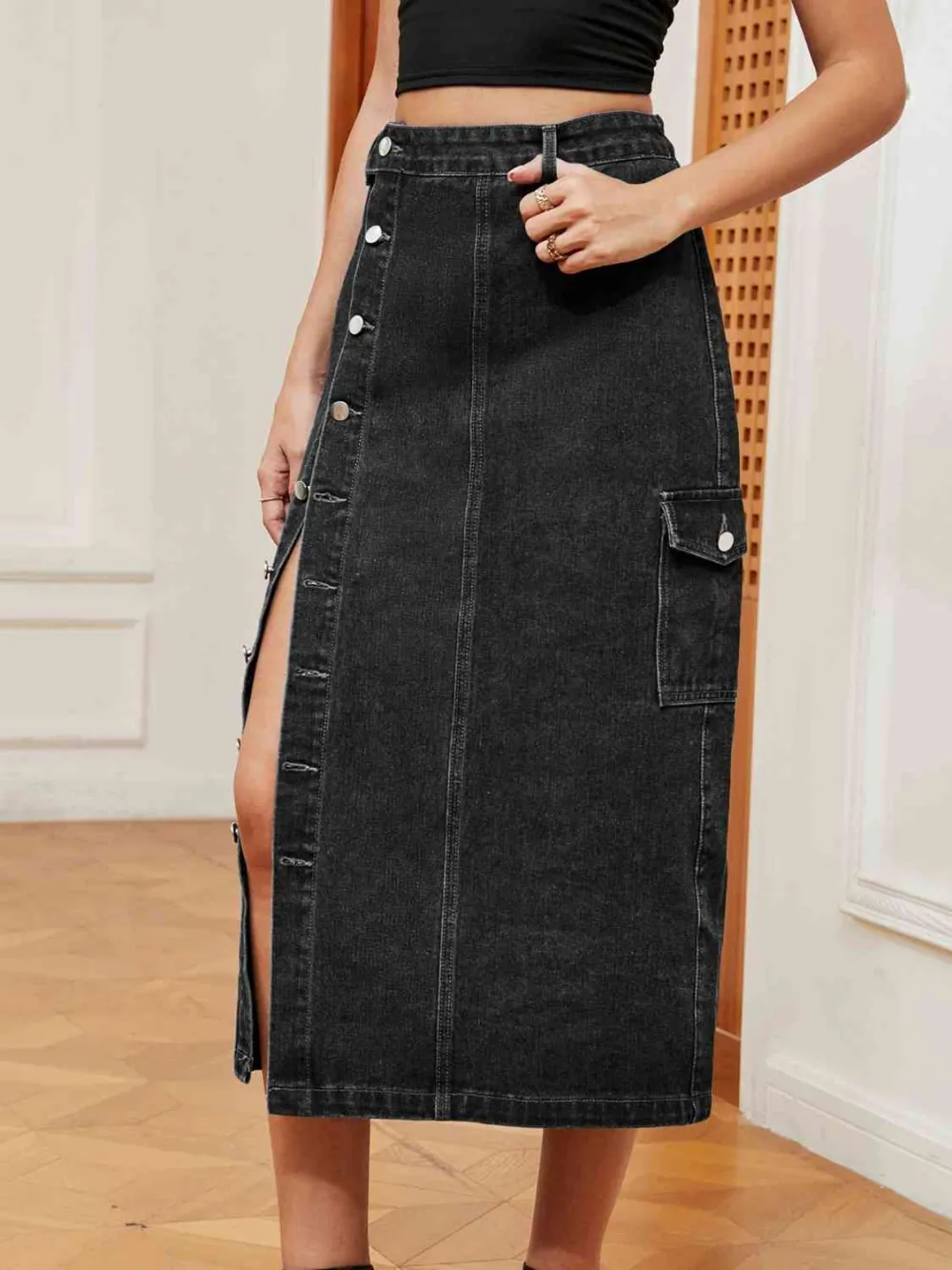 Simple Denim Button Front Skirt