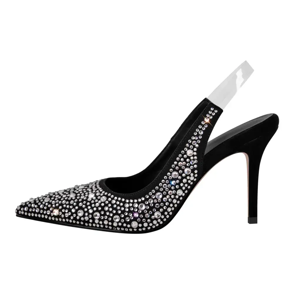 Rhinestone Pointed Toe Mid Heel Slingback Pumps