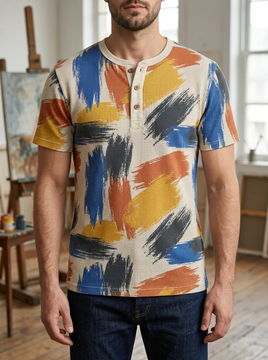 Men's Distinctive Abstract Brushstroke Waffle Knit Henley T-Shirt
