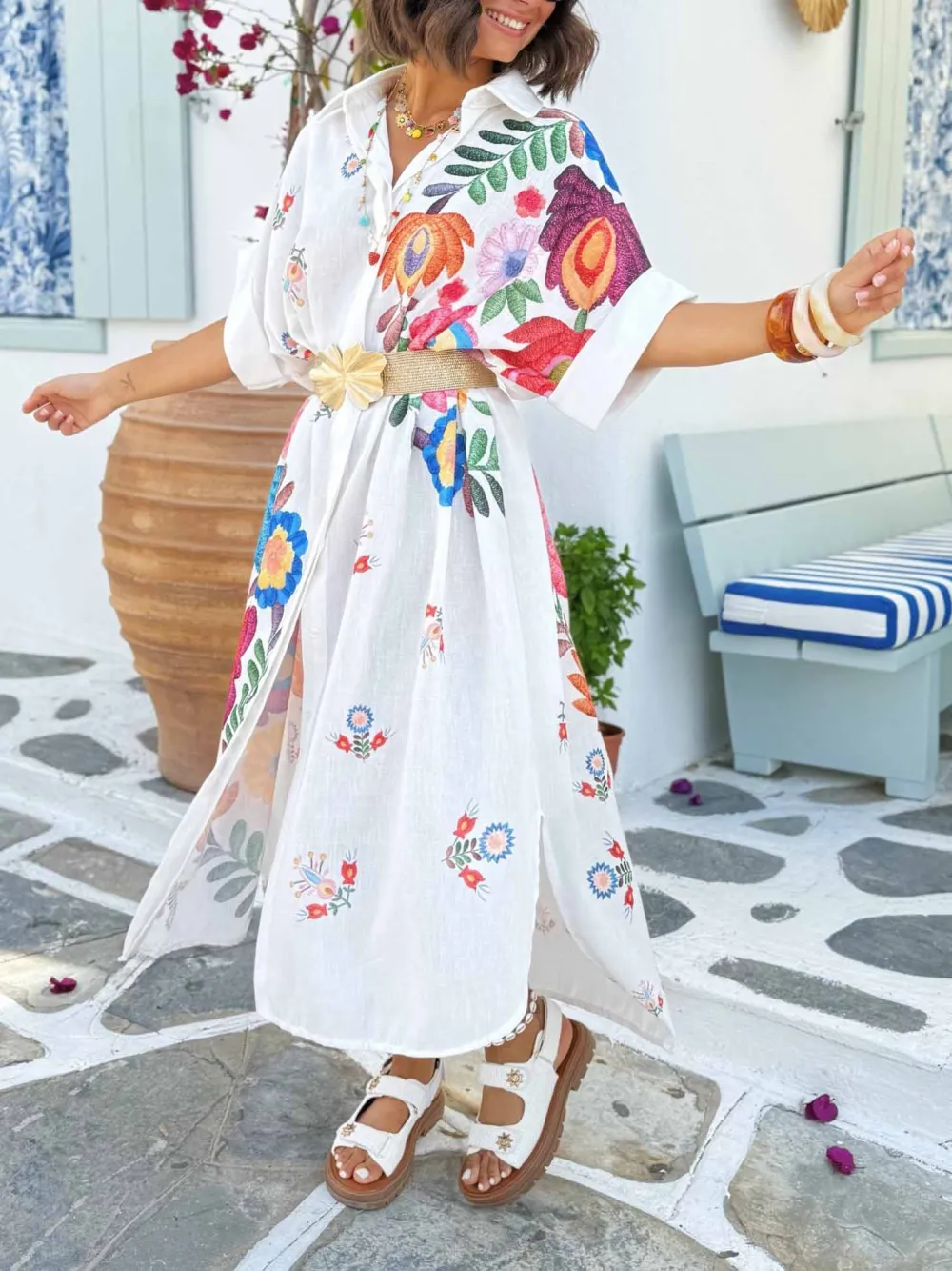 Casual Positioning Print Loose Shirt Midi Dress