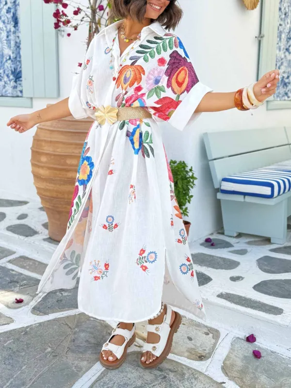 Casual Positioning Print Loose Shirt Midi Dress