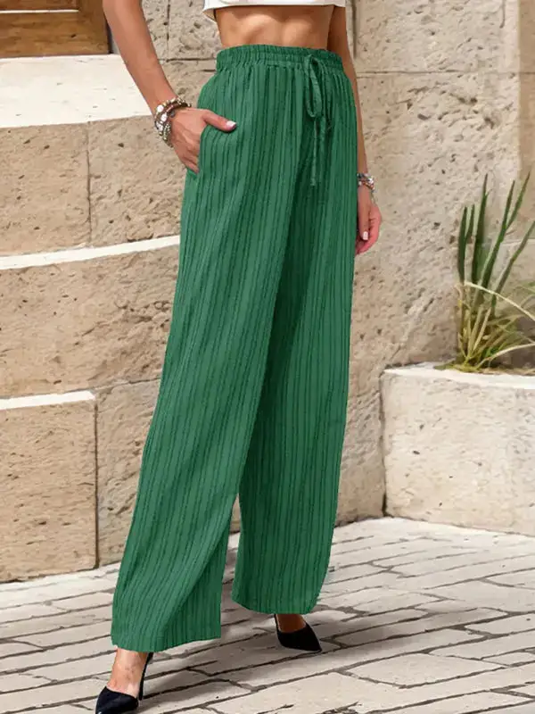 Pleated Textured Elastic Straight Pants