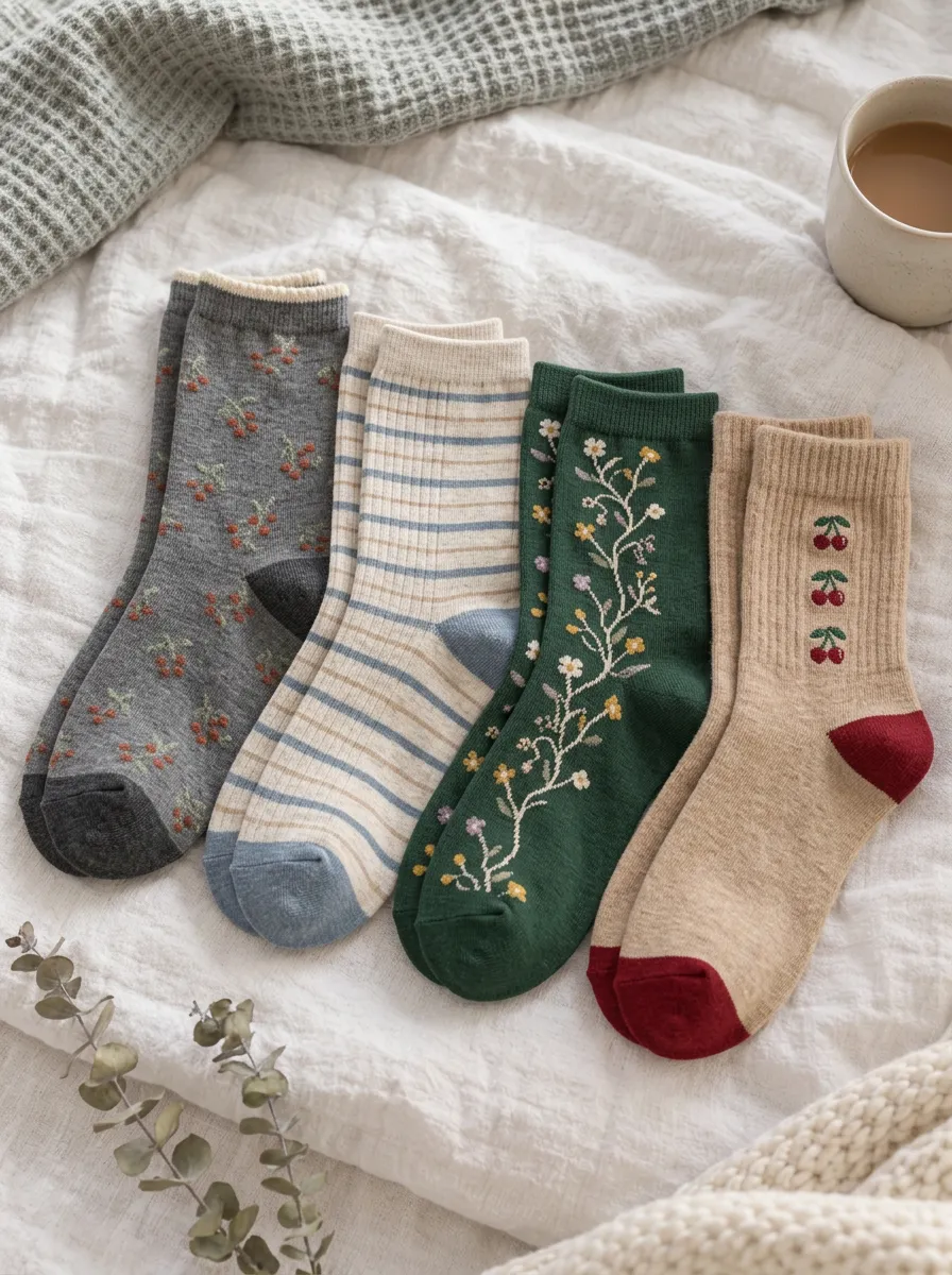 Women's Vintage Floral Cherry Striped Heritage Motif Collection Socks Set