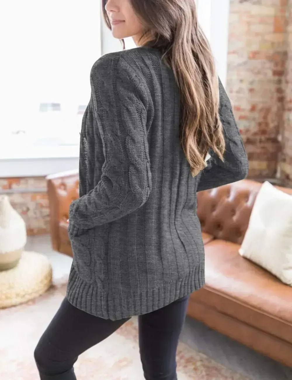MEROKEETY Women's 2024 Fall Long Sleeve Cable Knit Sweater Open Front Cardigan Button Loose Outerwear