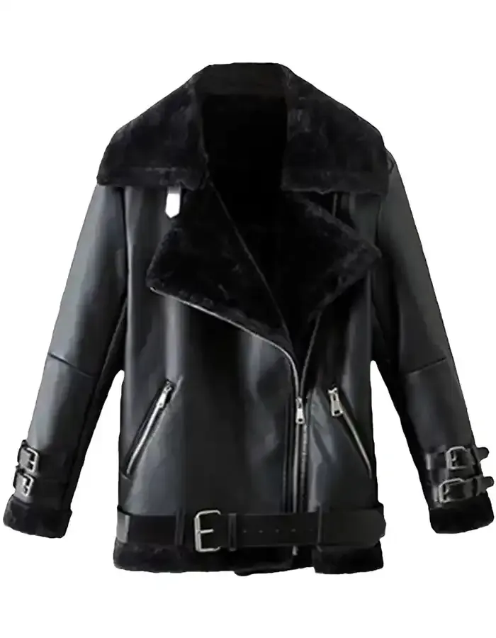 Shearling Sheepskin Fur Collar Belted Cuffs Jacket