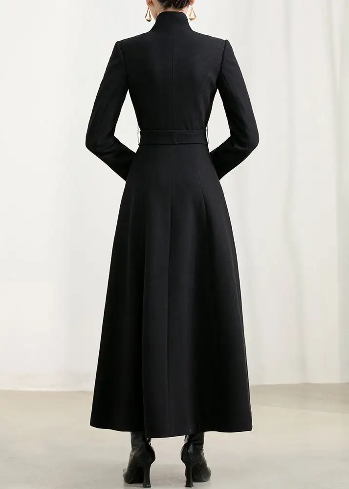 Wool Blend Fit and Flare Single Breasted Stand Collar Pocketed Long Coat