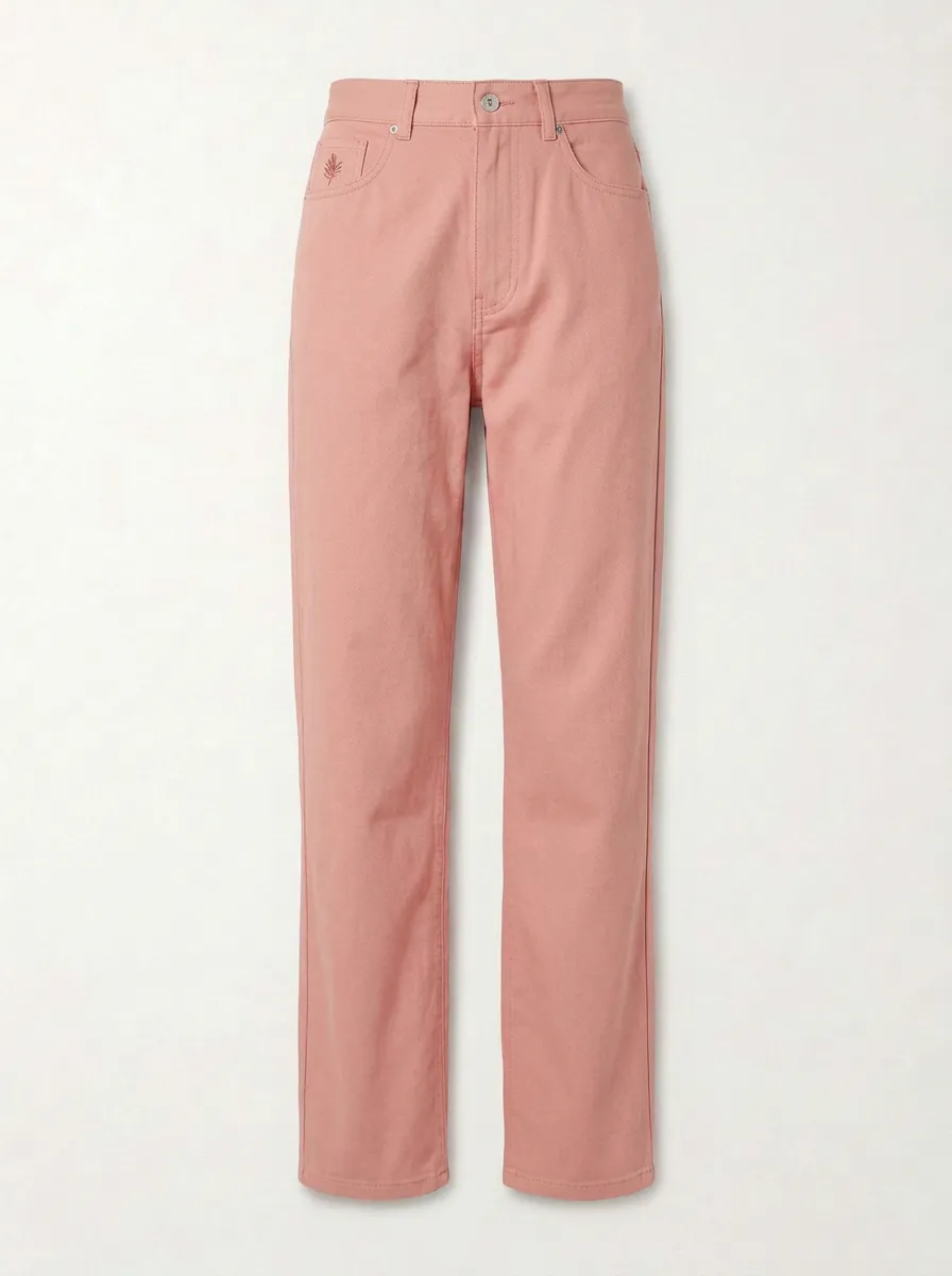 Women's Casual Olive Green Leaf Embroidered Mid-Rise Straight Leg Pants