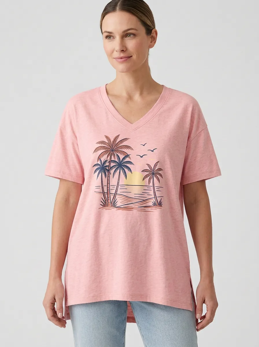 Women's Tropical Sunset Palm Graphic V-Neck T-Shirt