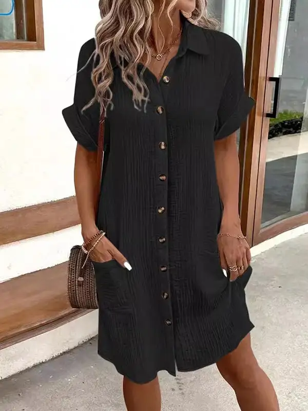 Relaxed Short Sleeve Pleated Split Joint Lapel Mini Dress Shirt Dress