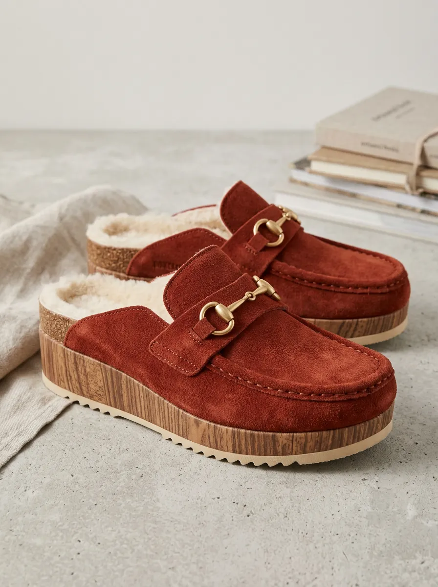 Women's Utility Faux Fur Lined Metal Detail Platform Suede Wood Sole Loafers