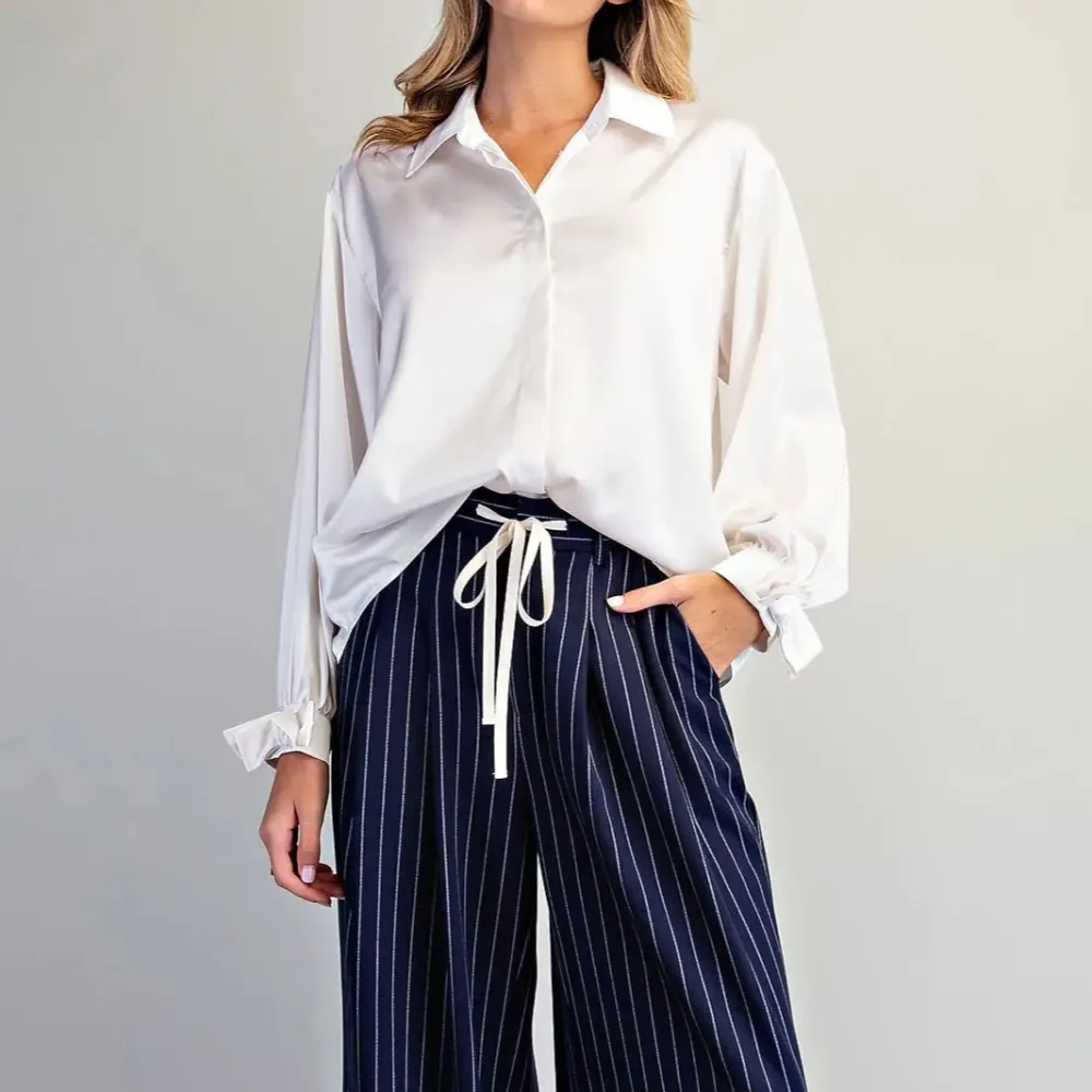 Ribbon Cuff Satin Blouse
