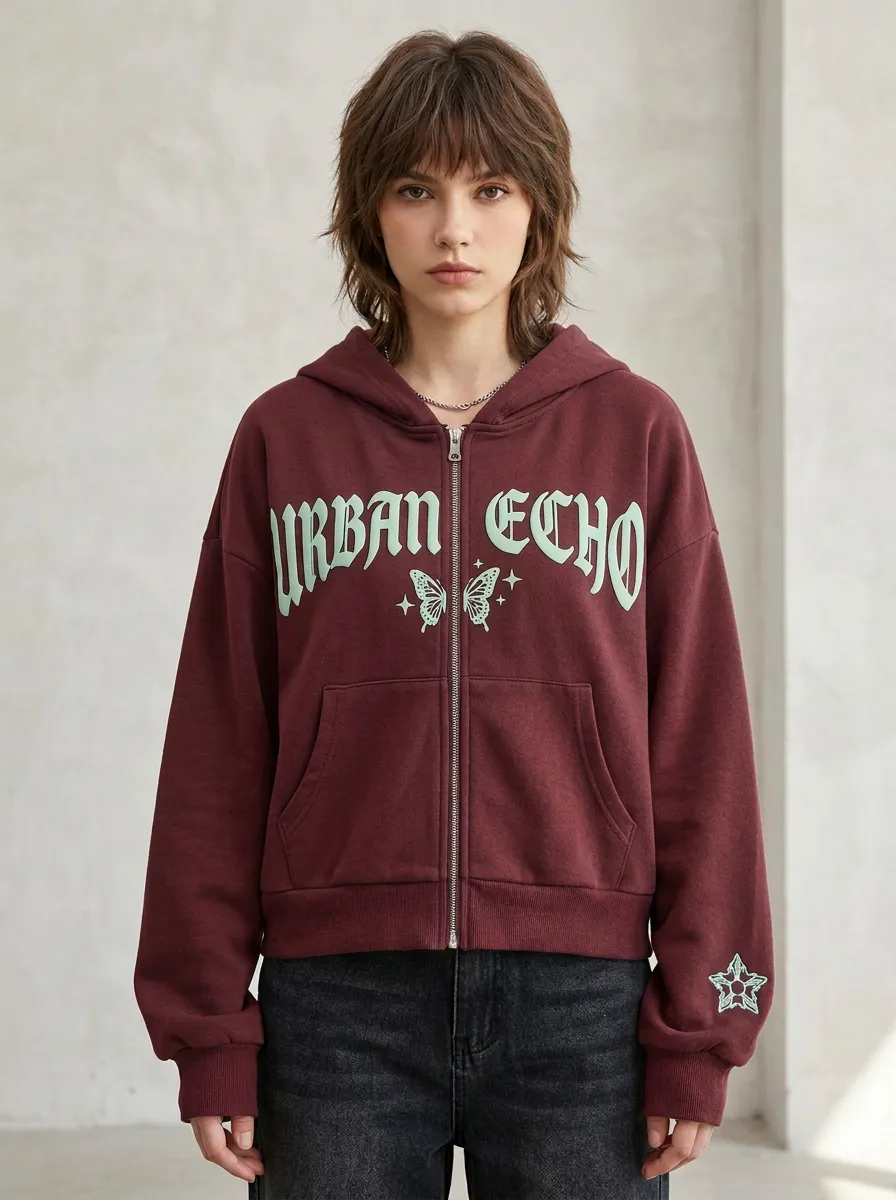 Women's Streetwear Urban Echo Butterfly Star Printed Zip-up Hoodie