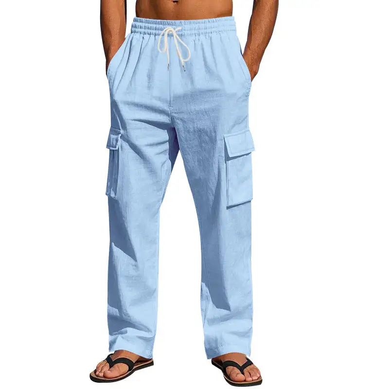 Men's Light Cargo Pants Pockets Straight Leg