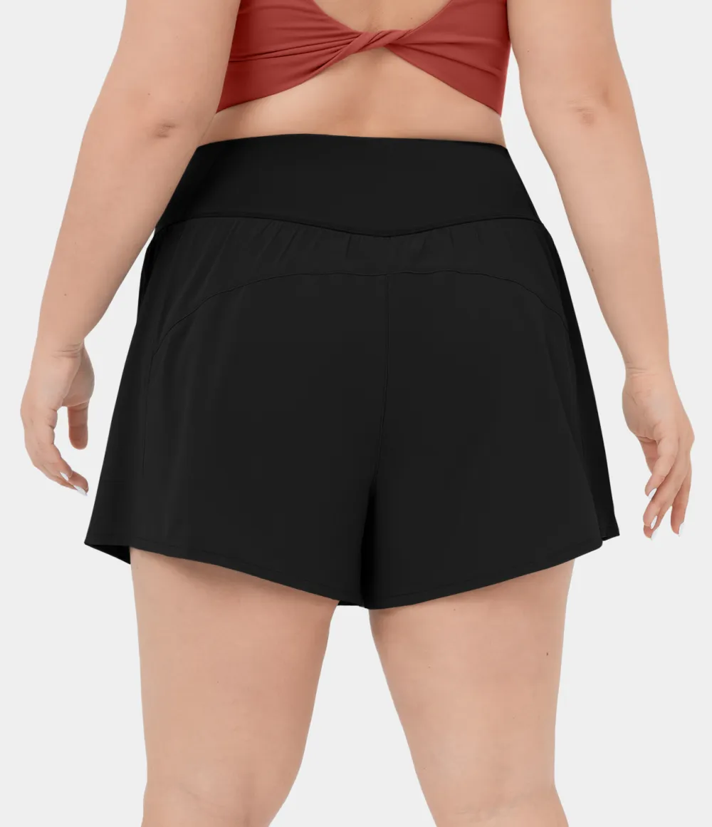 Breezeful High Waisted Crossover Side Pocket Plus Size 2-in-1 Quick Dry Yoga Shorts 4.5