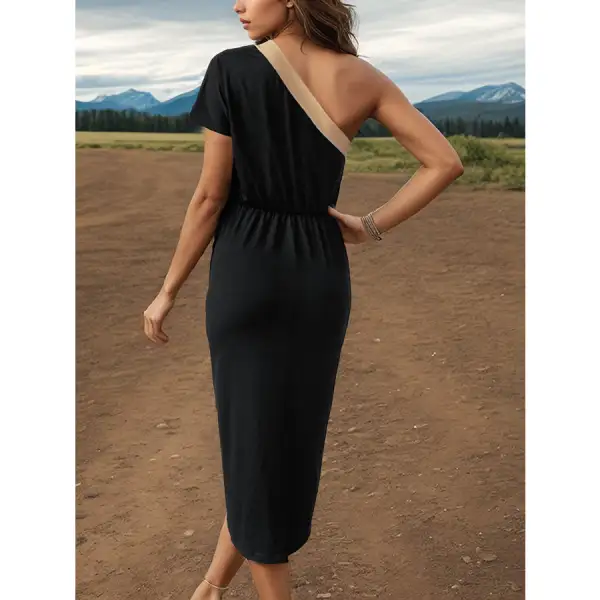 Slit Single Shoulder Short Sleeve Midi Dress
