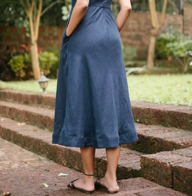 Indigo Blue Linen Cutaway Maxi Dress