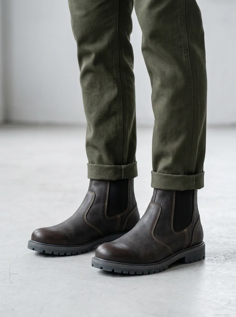 Unisex Leather Chelsea Lug Sole Print Work Boots
