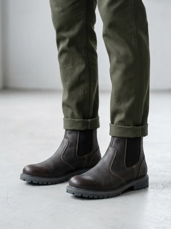 Unisex Leather Chelsea Lug Sole Print Work Boots