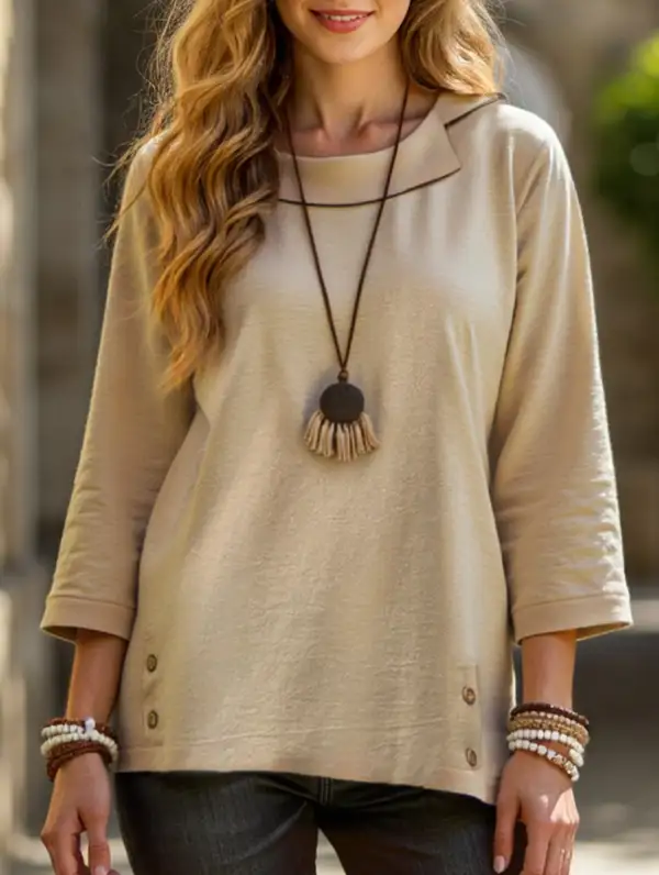 Lapel Three-Quarter Sleeve Tee Top