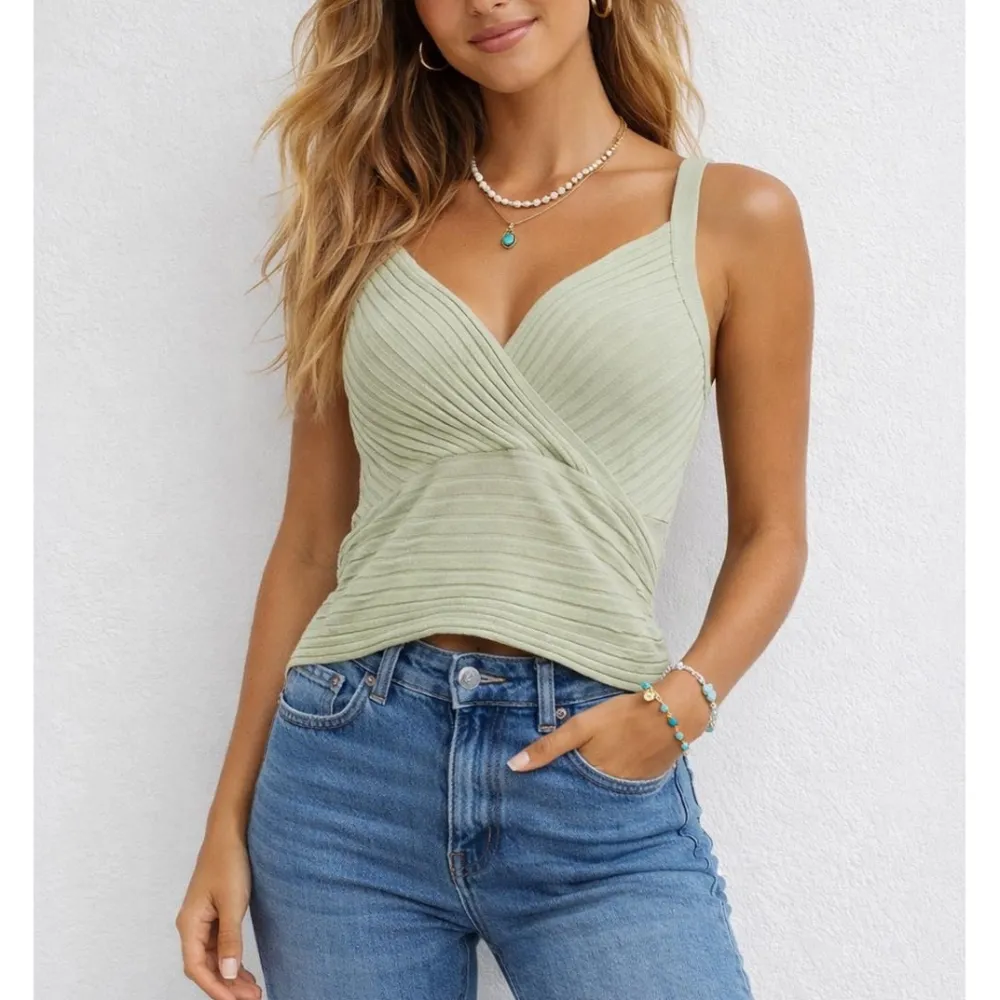 Ribbed Knit Solid Color Wrap V Neck Sleeveless Top
