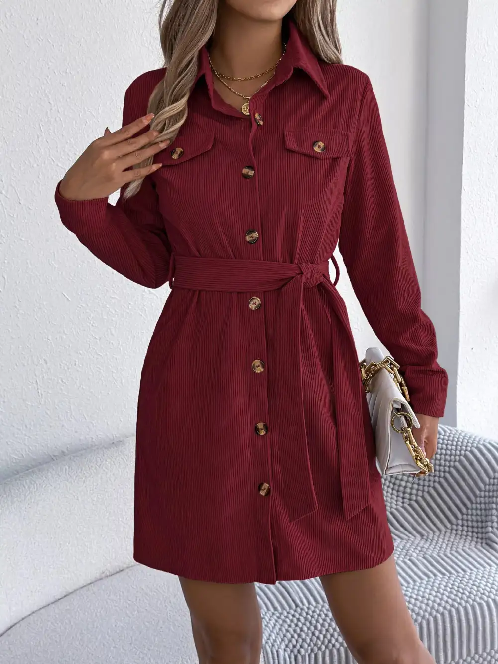 Structured Shape Corduroy Button Front Shirt Dress