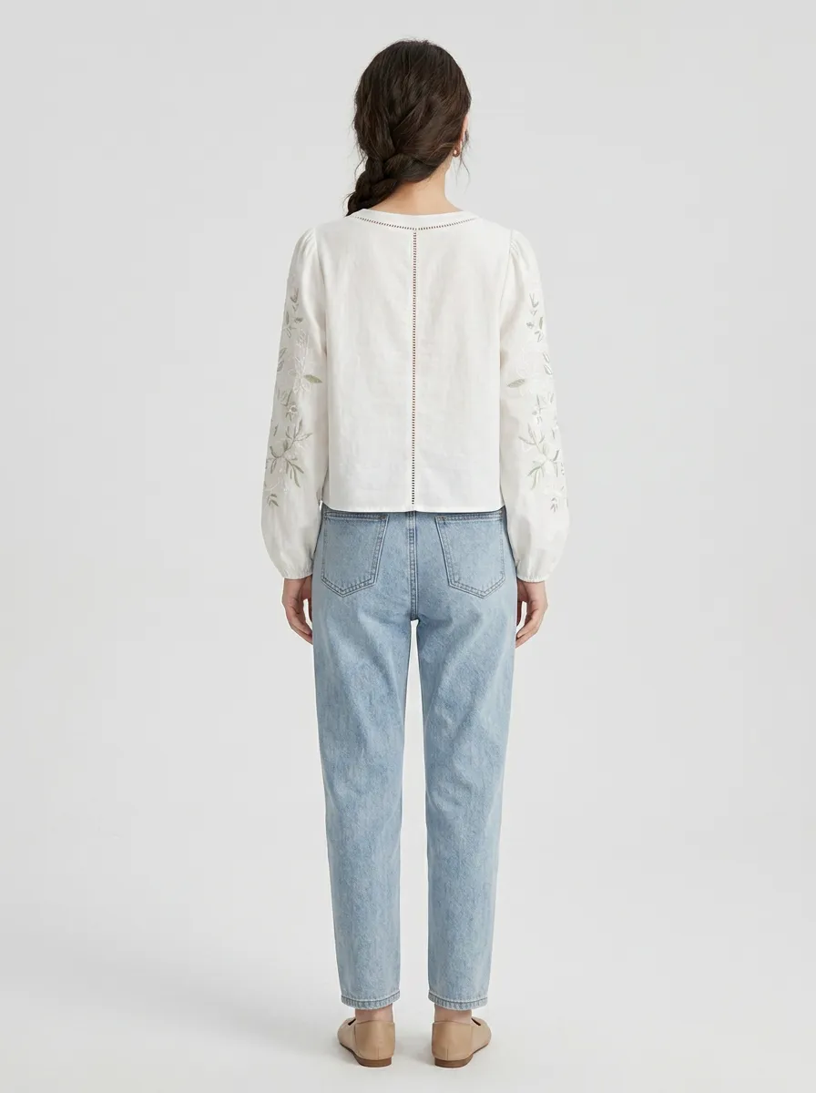 Embroidered Button-Front V-Neck Women's Puff-Sleeve Blouse
