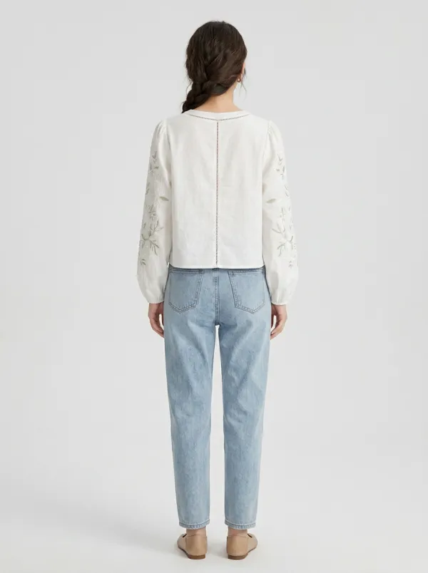 Embroidered Button-Front V-Neck Women's Puff-Sleeve Blouse