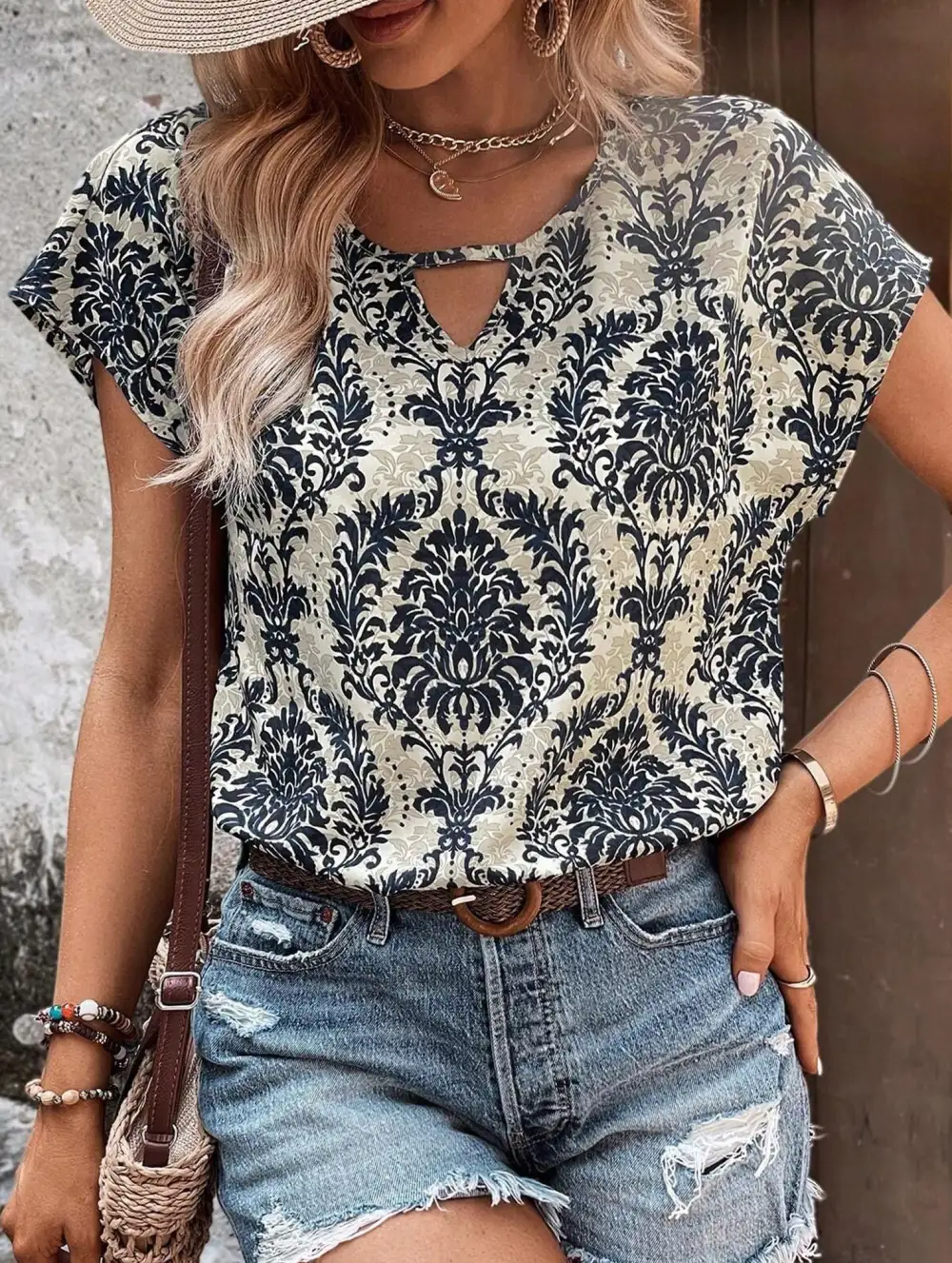 Print V-Neck Batwing Sleeve Top