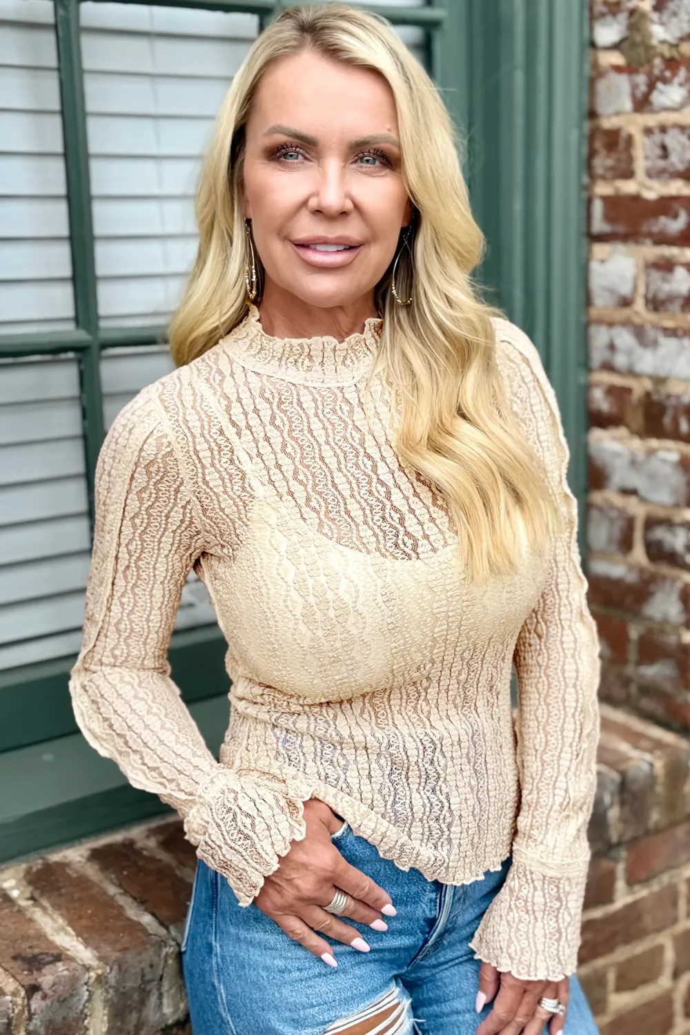 Apricot Flounced Long Sleeve Mock Top