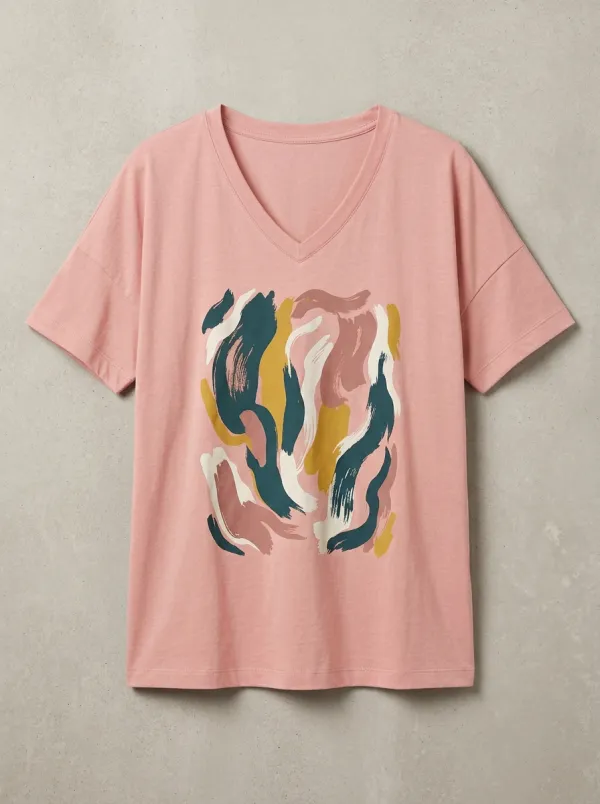Women's Abstract Art Colorful Brushstroke Printed V-neck T-shirt