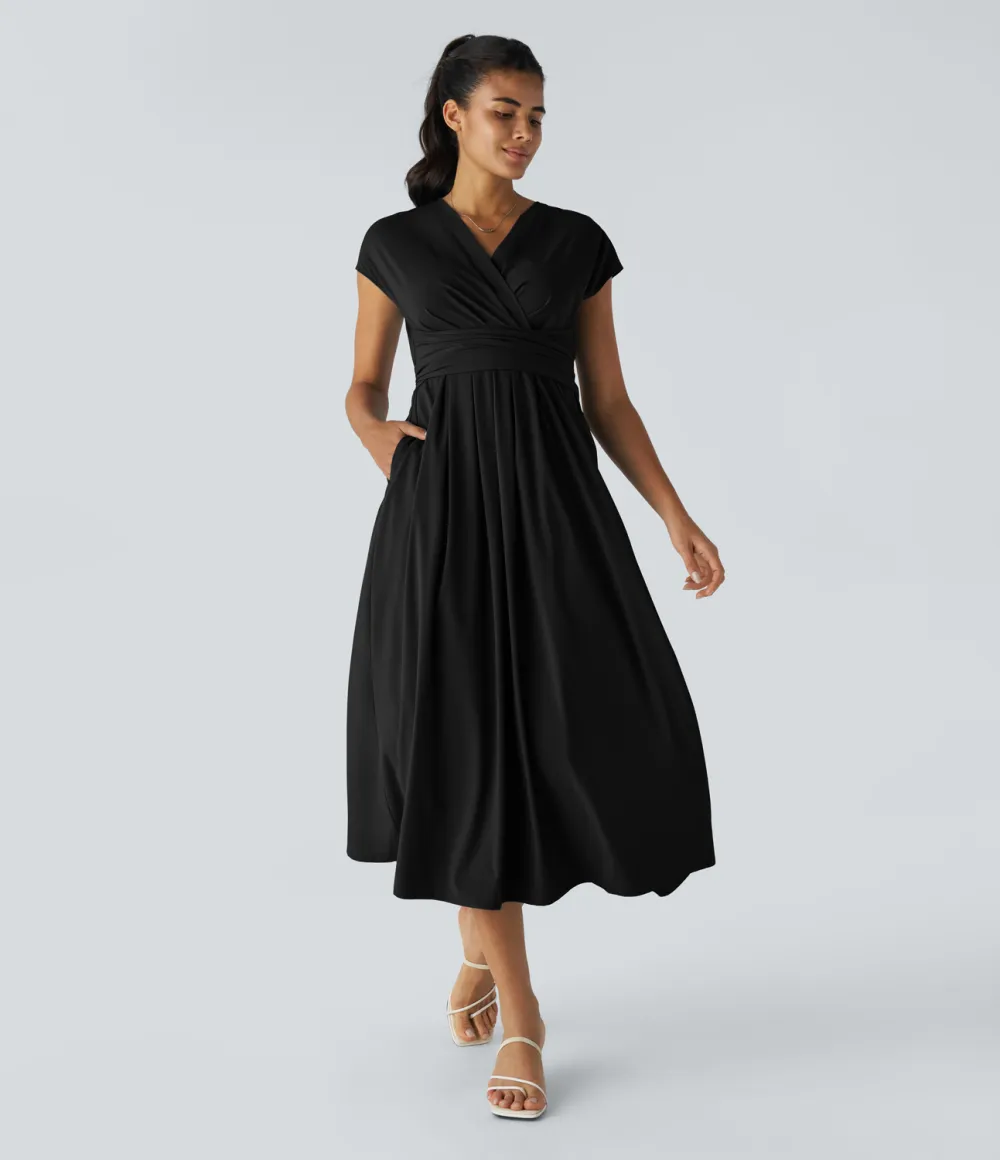 Breezeful V Neck Short Sleeve Side Pocket Tie Back Quick Dry Midi Casual Dress