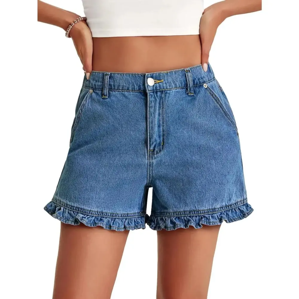 Women's Summer Ruffle Denim Shorts Cute High Waisted Cotton Jorts