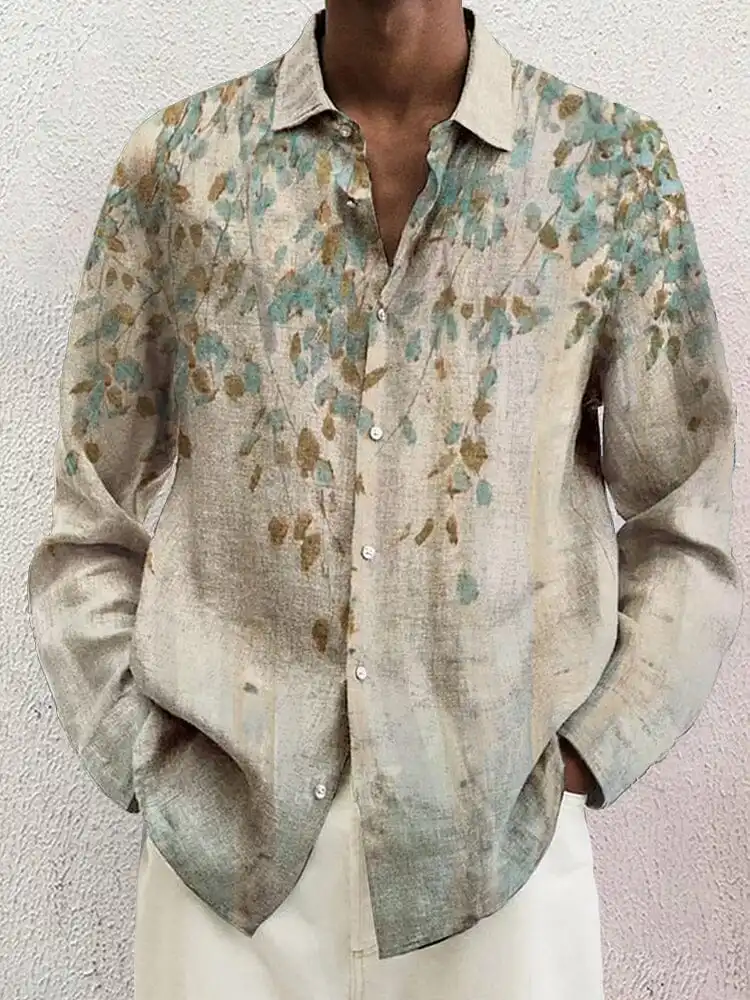 Open Collar Cotton Linen Printed Shirt