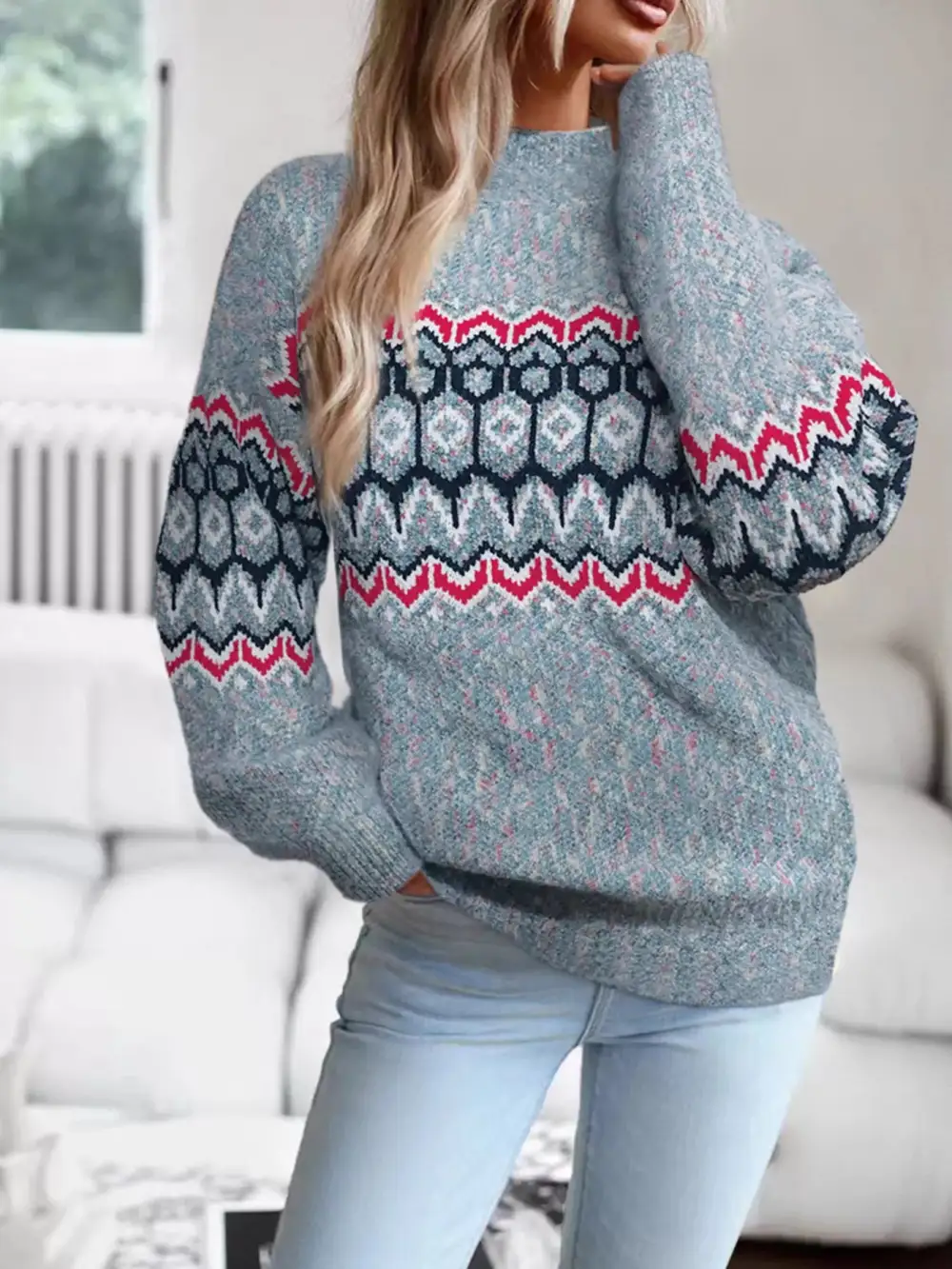 Long Sleeve Geometric Sweater