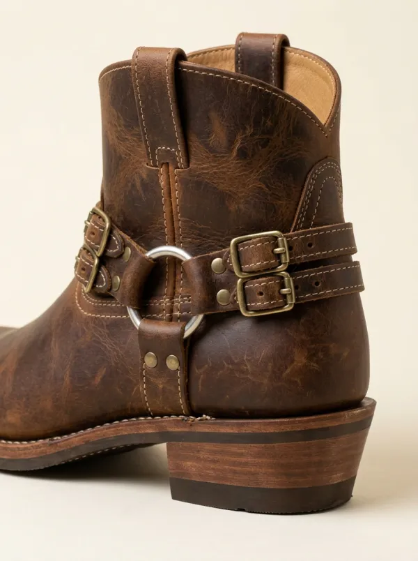 Men's Western Cowboy Brown Distressed Leather Buckle Harness Boots