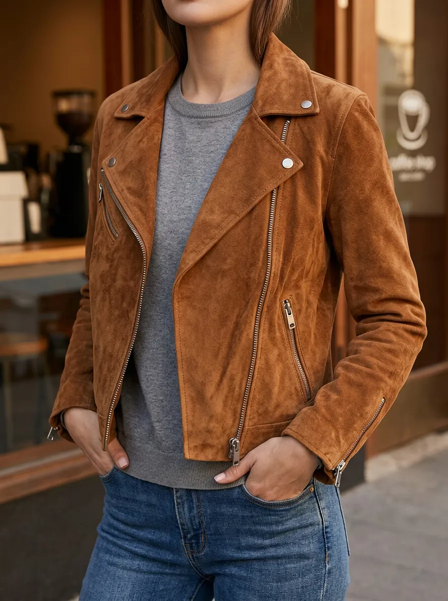 Women's Brown Suede Moto Biker Zip-Up Jacket