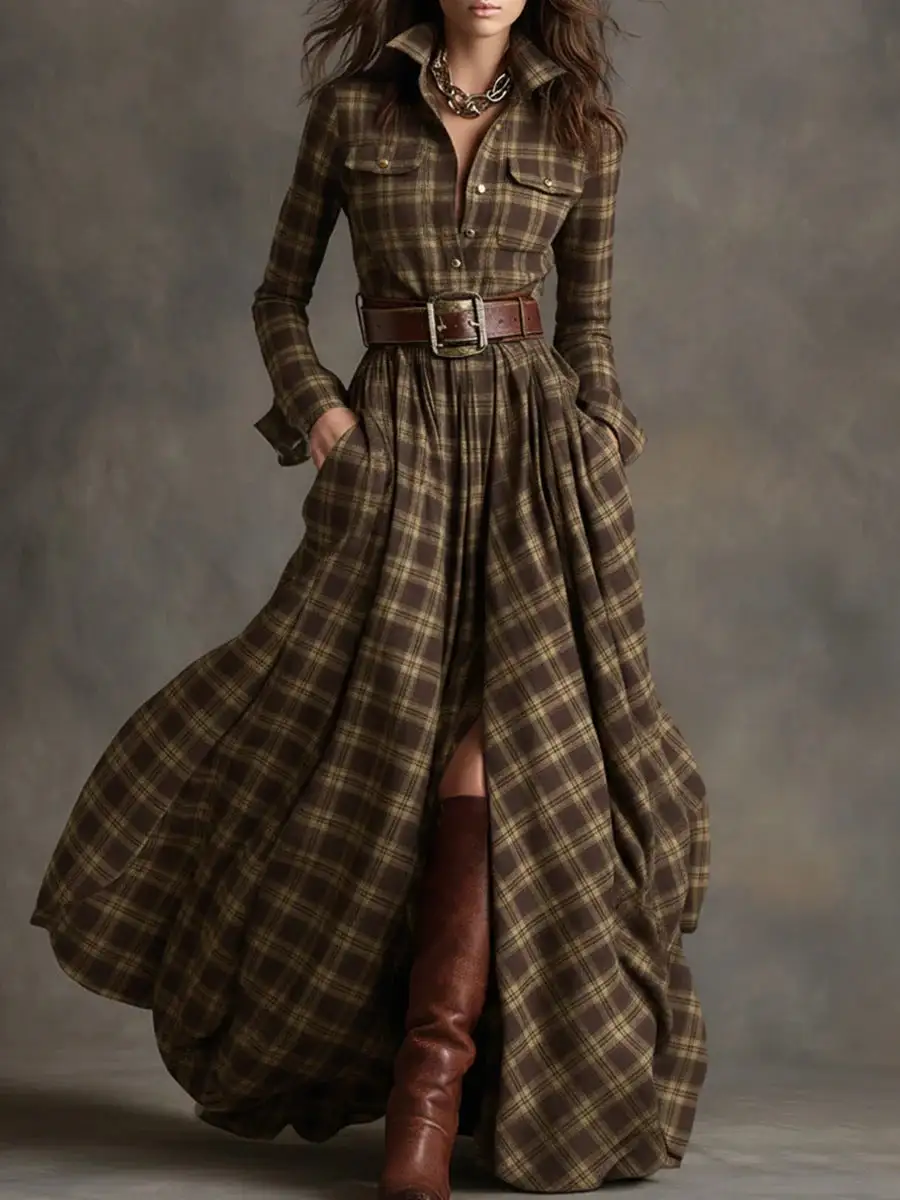 Women's Shirt Long-Sleeve Knit Plaid Maxi Dress