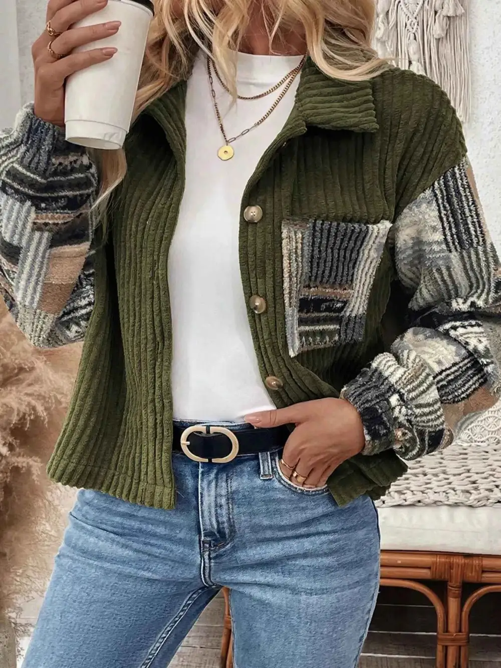 Ribbed Fleece Plaid Printed Patchwork Button-Up Jacket