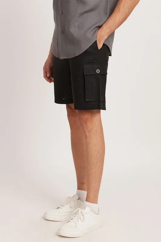 Black Linen Cargo Shorts