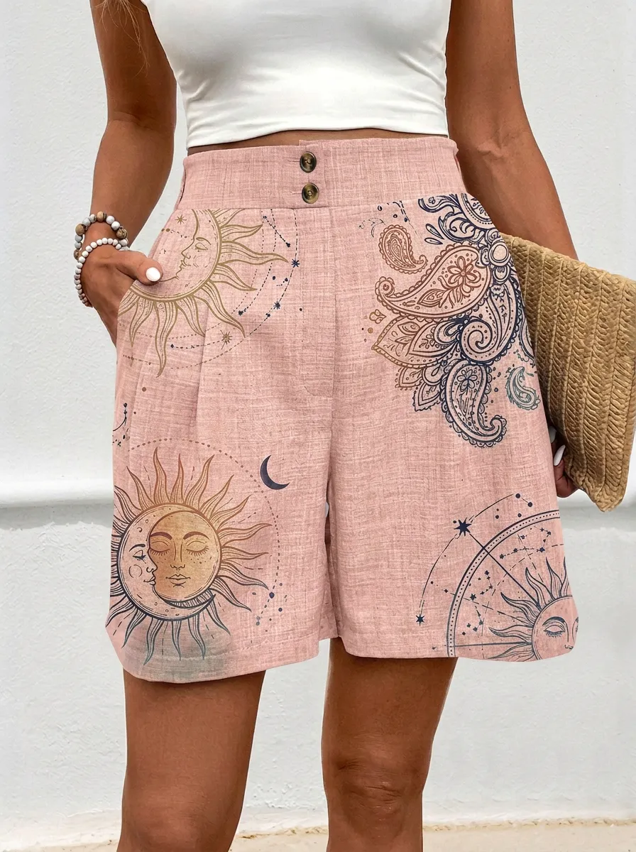 Women's Celestial Sun Moon Paisley Graphic Linen Shorts