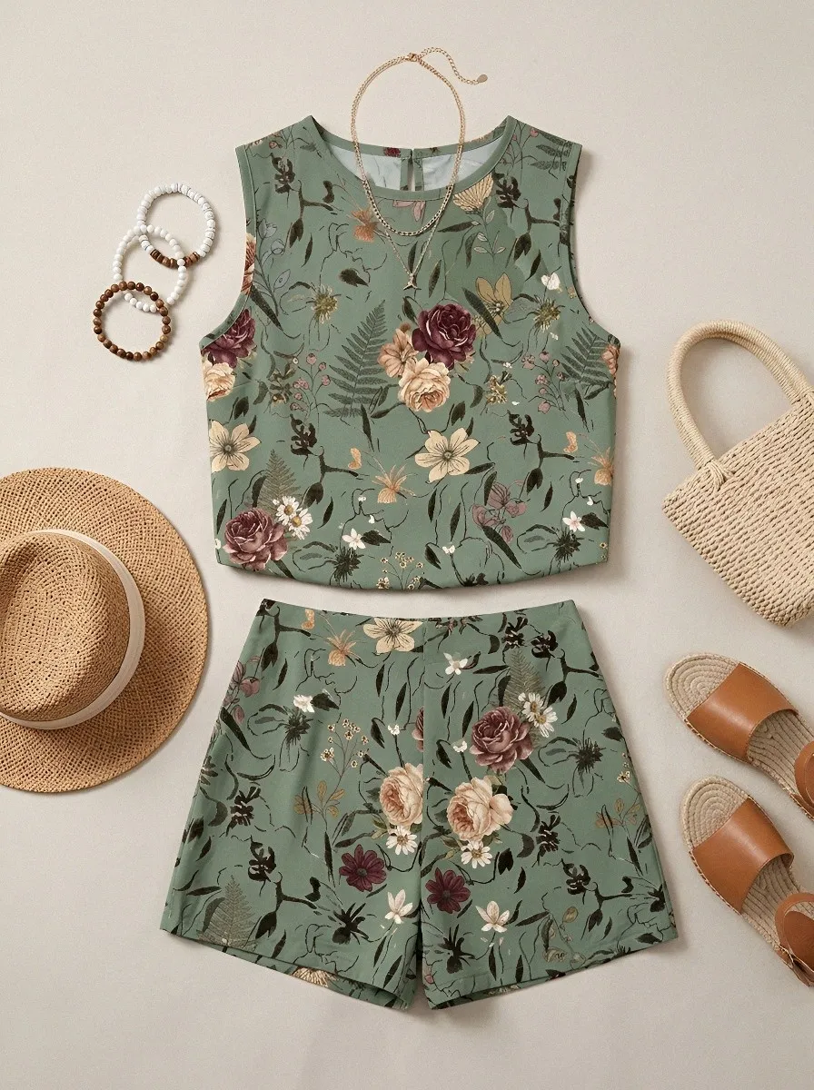 Women's Vintage Floral Sage Green Botanical Printed Sleeveless Shorts Set