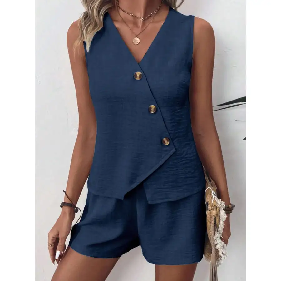 Relaxed Button Up Vest and Shorts Set