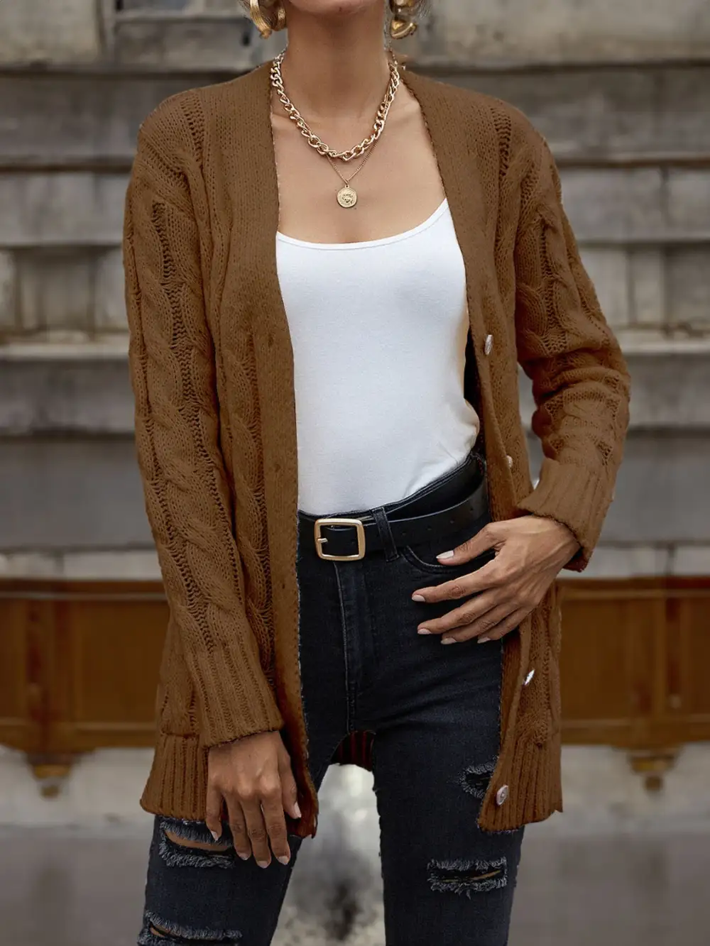 Cable-Knit Button-Down Cardigan