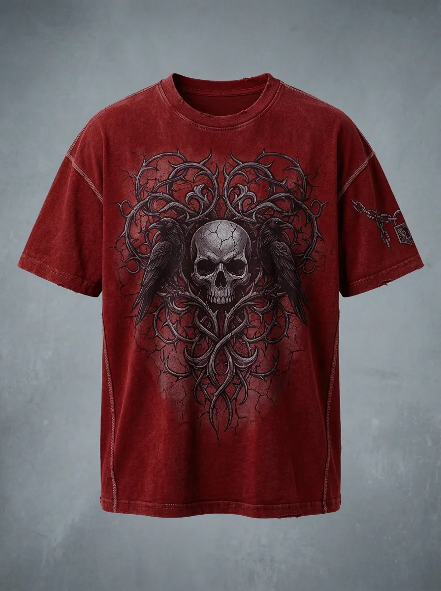 Statement Skull Raven Thorn Punk Look Men's Gothic T-Shirt