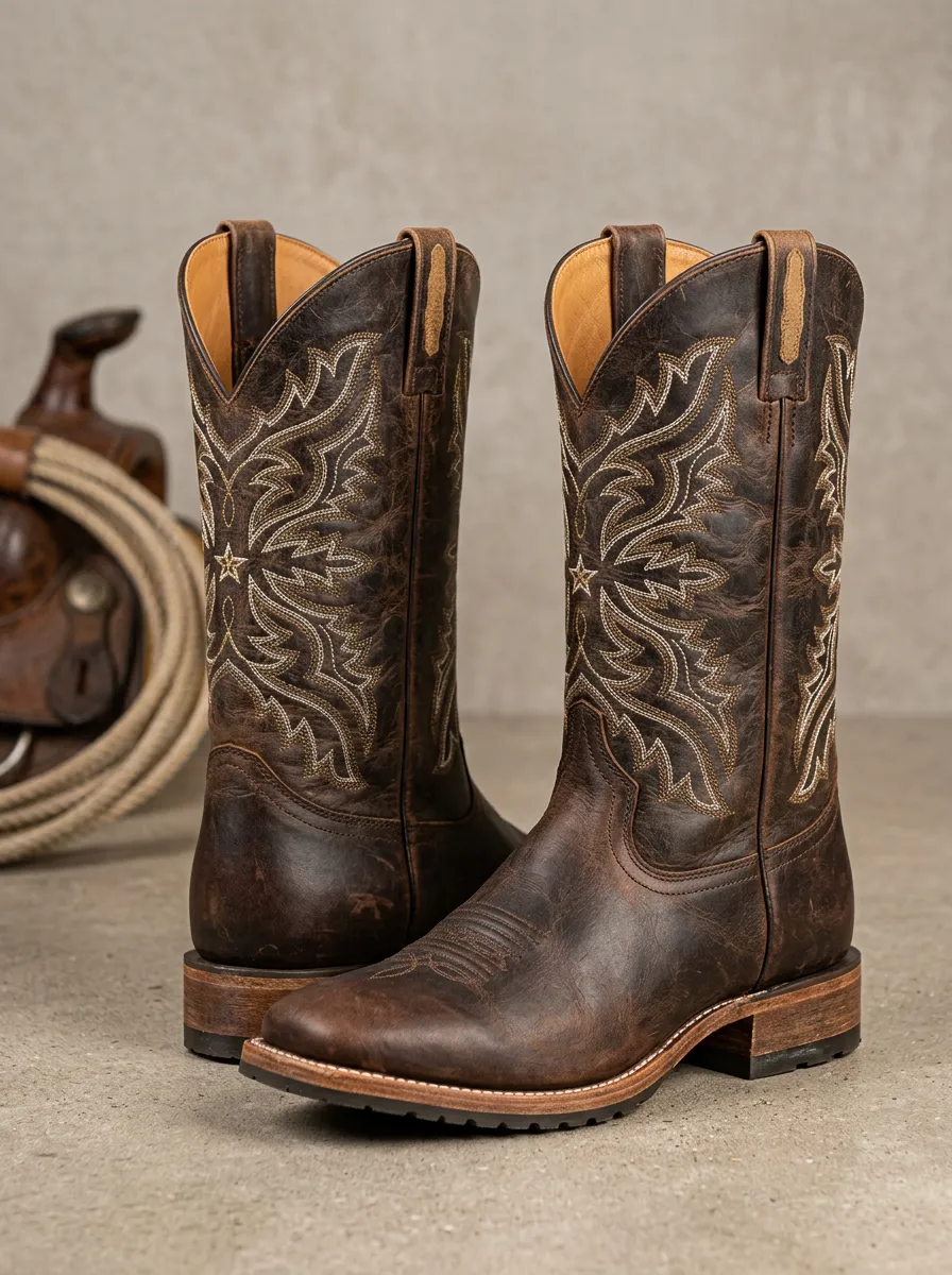 Men's Western Cowboy Star Embroidered Leather Printed Boots
