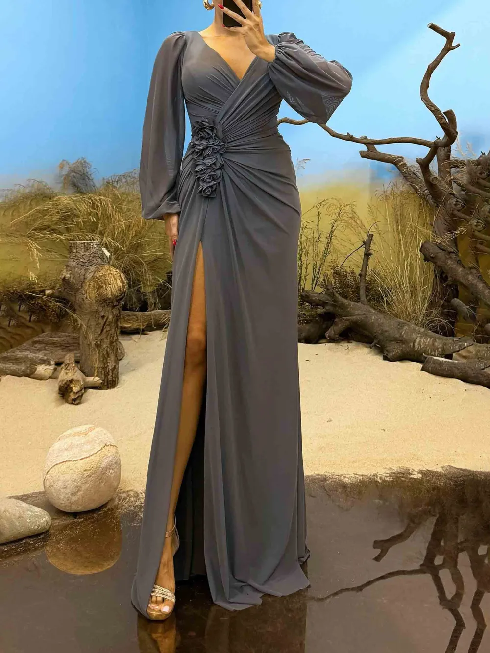 V Neck Ruched Floral Maxi Dress